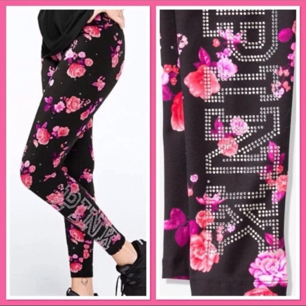 NWT VS PINK Floral Black Leggings with Pink BLING Logo